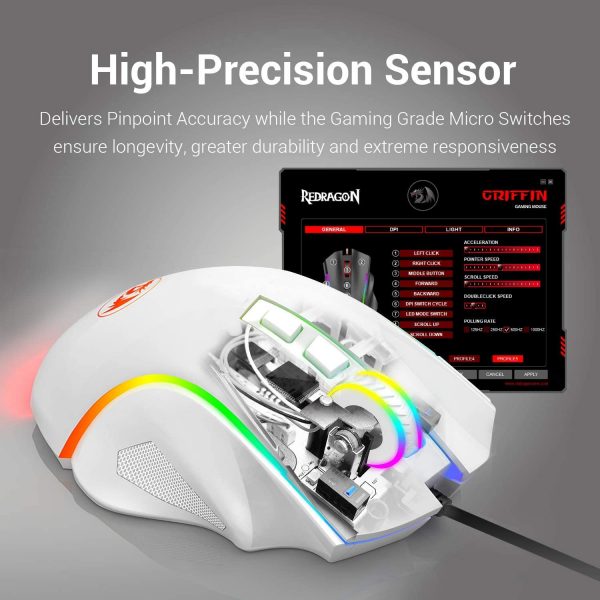 Redragon M602 RGB Wired Gaming Mouse RGB Spectrum Backlit Ergonomic Mouse Griffin Programmable with 7 Backlight Modes up to 7200 DPI for Windows PC Gamers White 4
