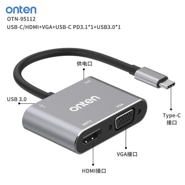 ONTEN OTN 95112 USB C To 4K HDMI and 2K VGA Display Adapter Kabel Type C ke HDMI VGA 1