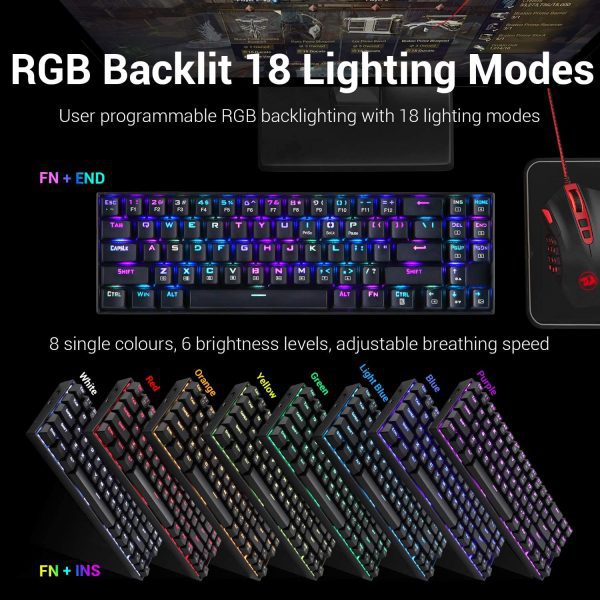 Redragon Wireless Mechanical Gaming Keyboard 60 Compact 70 Key Tenkeyless RGB Backlit Computer Keyboard with Red Switches for Windows PC Gamers 2
