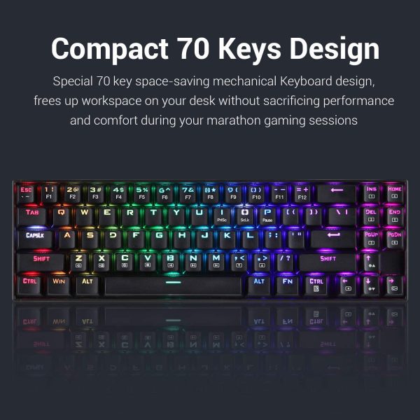 Redragon Wireless Mechanical Gaming Keyboard 60 Compact 70 Key Tenkeyless RGB Backlit Computer Keyboard with Red Switches for Windows PC Gamers 3