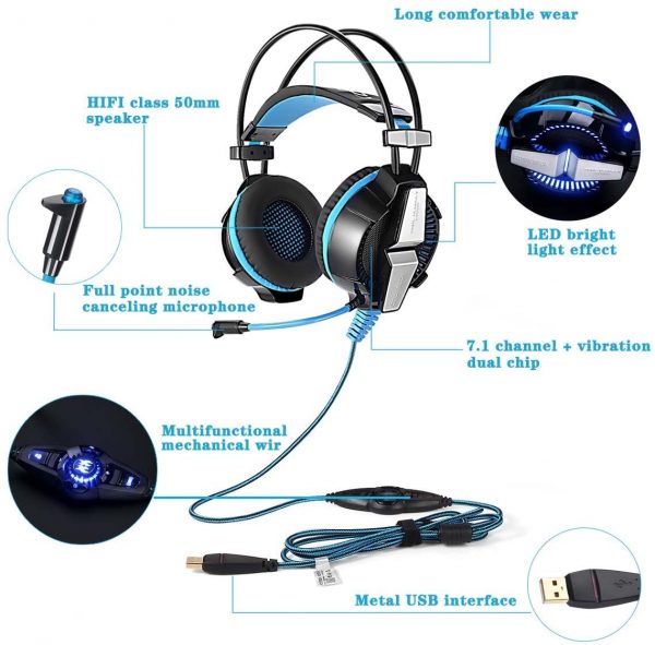 KOTION EACH G7000 7.1 USB Surround Vibration Professional Gaming Headset PC Headphone Computer Headband with Mic LED for Gamer 1 2
