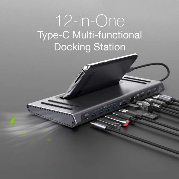 Onten 12 in 1 USB C Docking station with 2 HDMI 4K 2 USB C 4 USB 3.0 Gigabit port SD TF Card Readers and 3.5mm Audio for MacBook Pro Air iPad Pro Laptops Tablets Mobile Phones OTN 9199 Grey 1 4