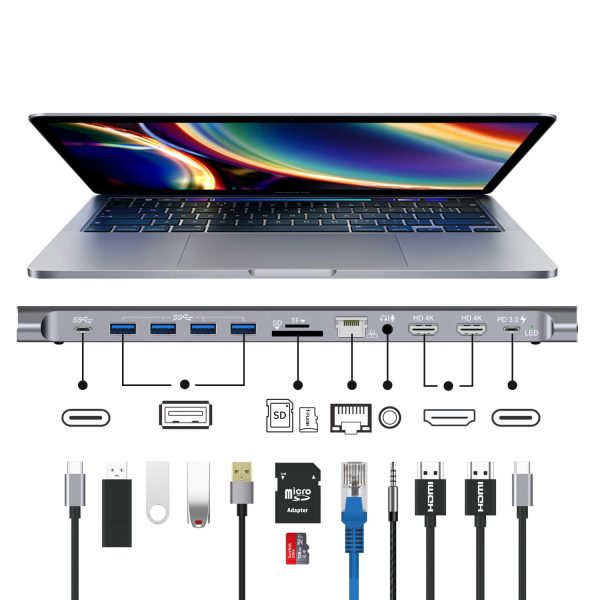 Onten 12 in 1 USB C Docking station with 2 HDMI 4K 2 USB C 4 USB 3.0 Gigabit port SD TF Card Readers and 3.5mm Audio for MacBook Pro Air iPad Pro Laptops Tablets Mobile Phones OTN 9199 Grey 1
