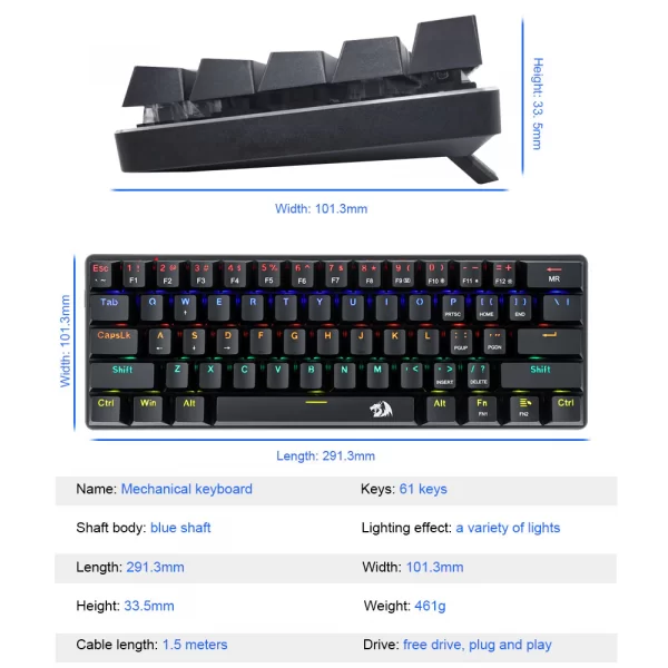Redragon Jax K613 Rainbow USB Mechanical Gaming Keyboard Blue Switch 61 Keys Wired detachable cableportable for travel 5