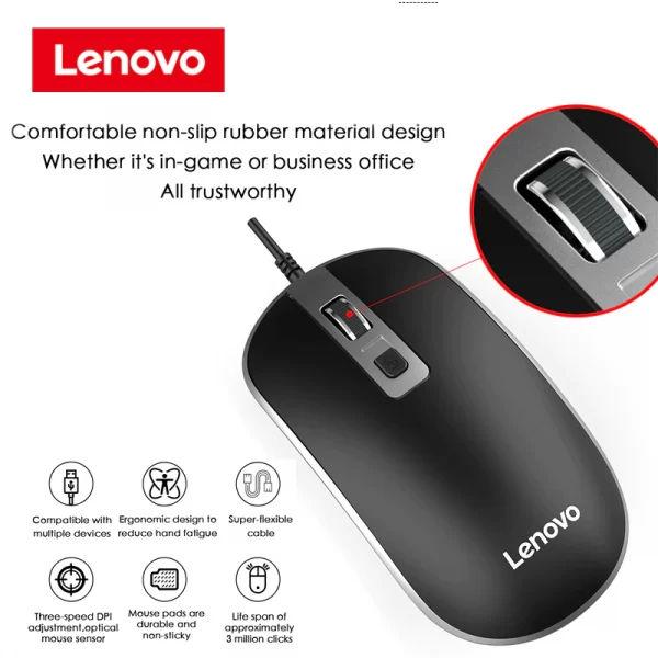 Lenovo M104 wired mouse 800 1600DPI adjustable non slip rubber design notebook computer business mouse work office 3