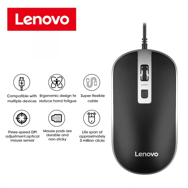 Lenovo M104 wired mouse 800 1600DPI adjustable non slip rubber design notebook computer business mouse work office 5