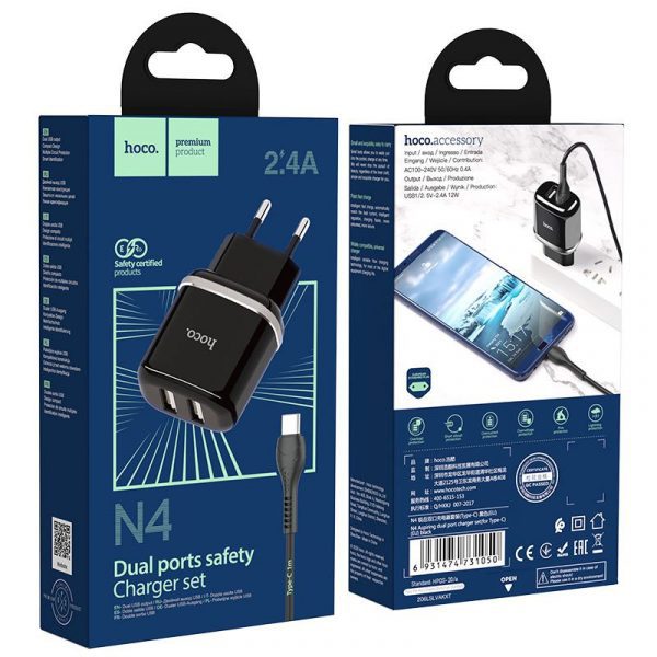 hoco n4 aspiring dual port wall charger eu set with type c cable package black