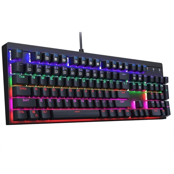 Aukey KM-G6 Gaming Keyboard Mechanical Full Size Wired USB - Rainbow 6 Color LED Backlit - Blue Switch - Full N-Key Rollover Durable & Water-Resistant For PC  Black